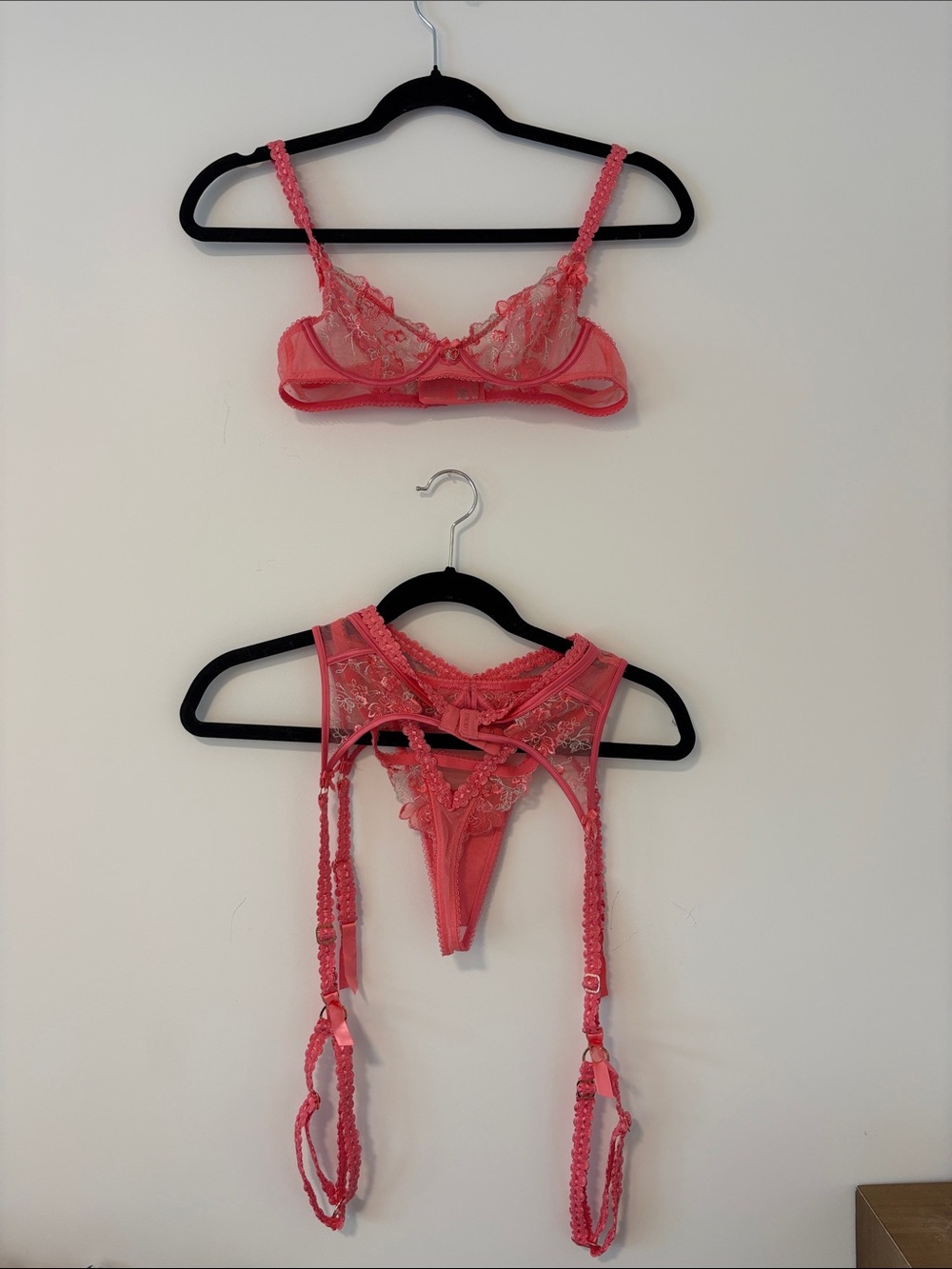 Sheer Coral Pink Lace Bra, Garter Belt & Thong Set